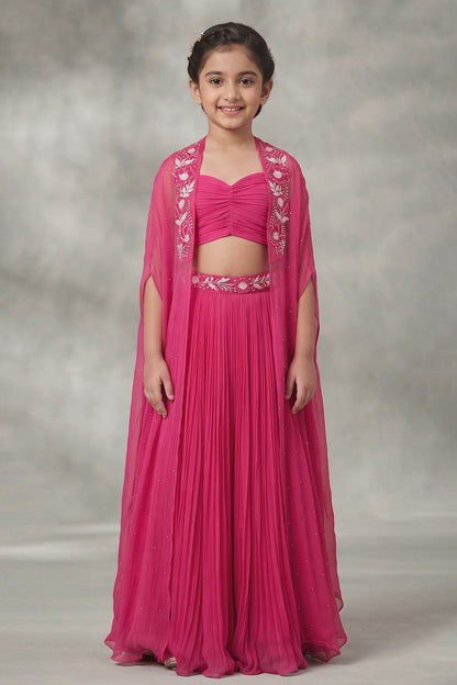 Hirika &amp; Dhruti Pink Organza Silk Pearl, Sequin, Thread Embroidered Jacket Lehenga Set For Kids