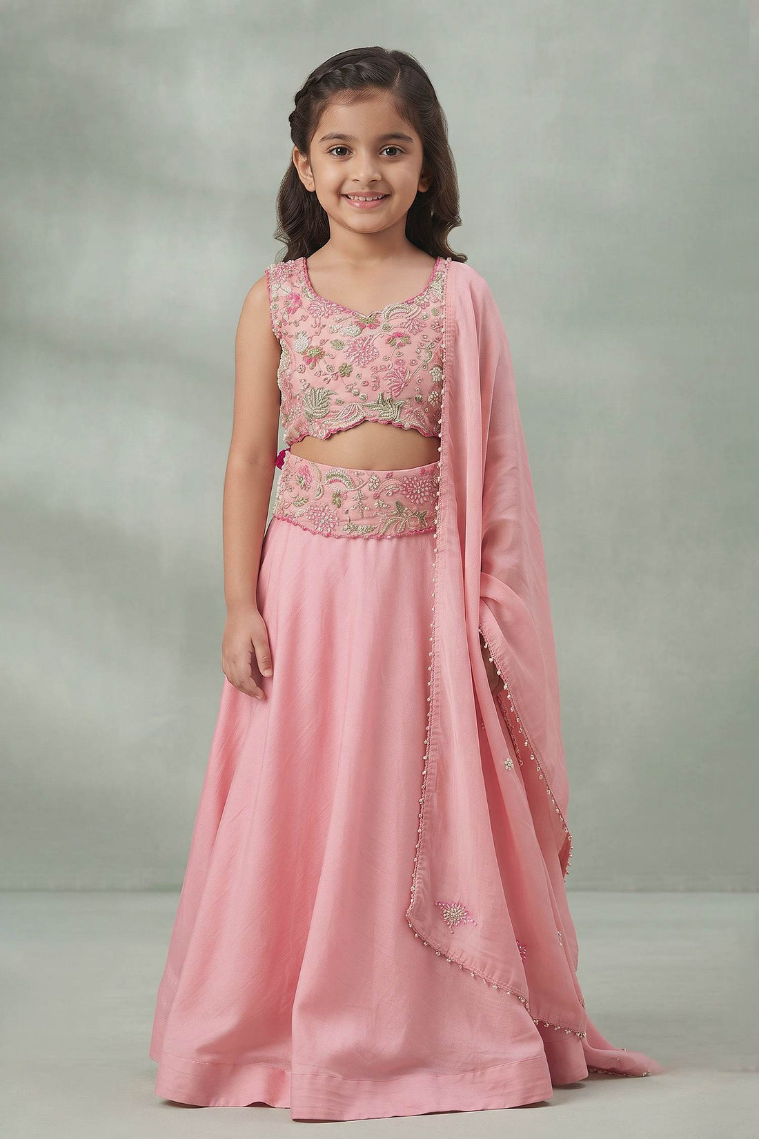 Buy Hirika &amp; Dhruti Pink Dupatta Organza , Lehenga And Blouse Floral Embroidered Set For Kids at Aza Fashions