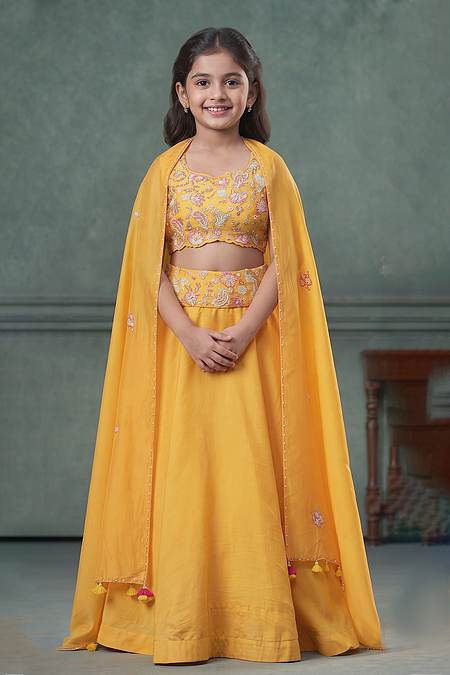 Buy Hirika &amp; Dhruti Yellow Dupatta Organza , Lehenga And Blouse Embroidered Flared Set For Kids at Aza Fashions