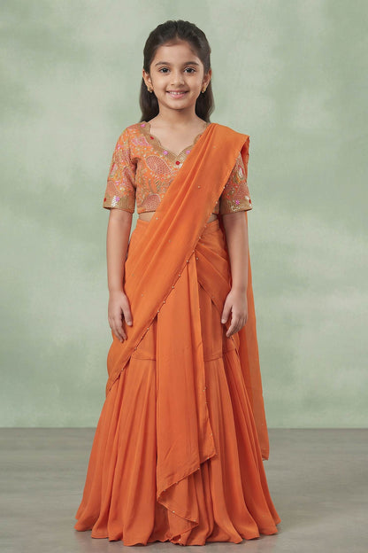 Buy Hirika &amp; Dhruti Orange Ghagra And Blouse Cotton Silk, Drape Embroidered Pre-draped Saree Set For Kids at Aza Fashions