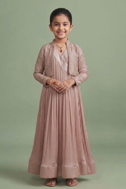 Buy Hirika &amp; Dhruti Beige Pleated Anarkali With Embroidered Jacket For Kids at Aza Fashions