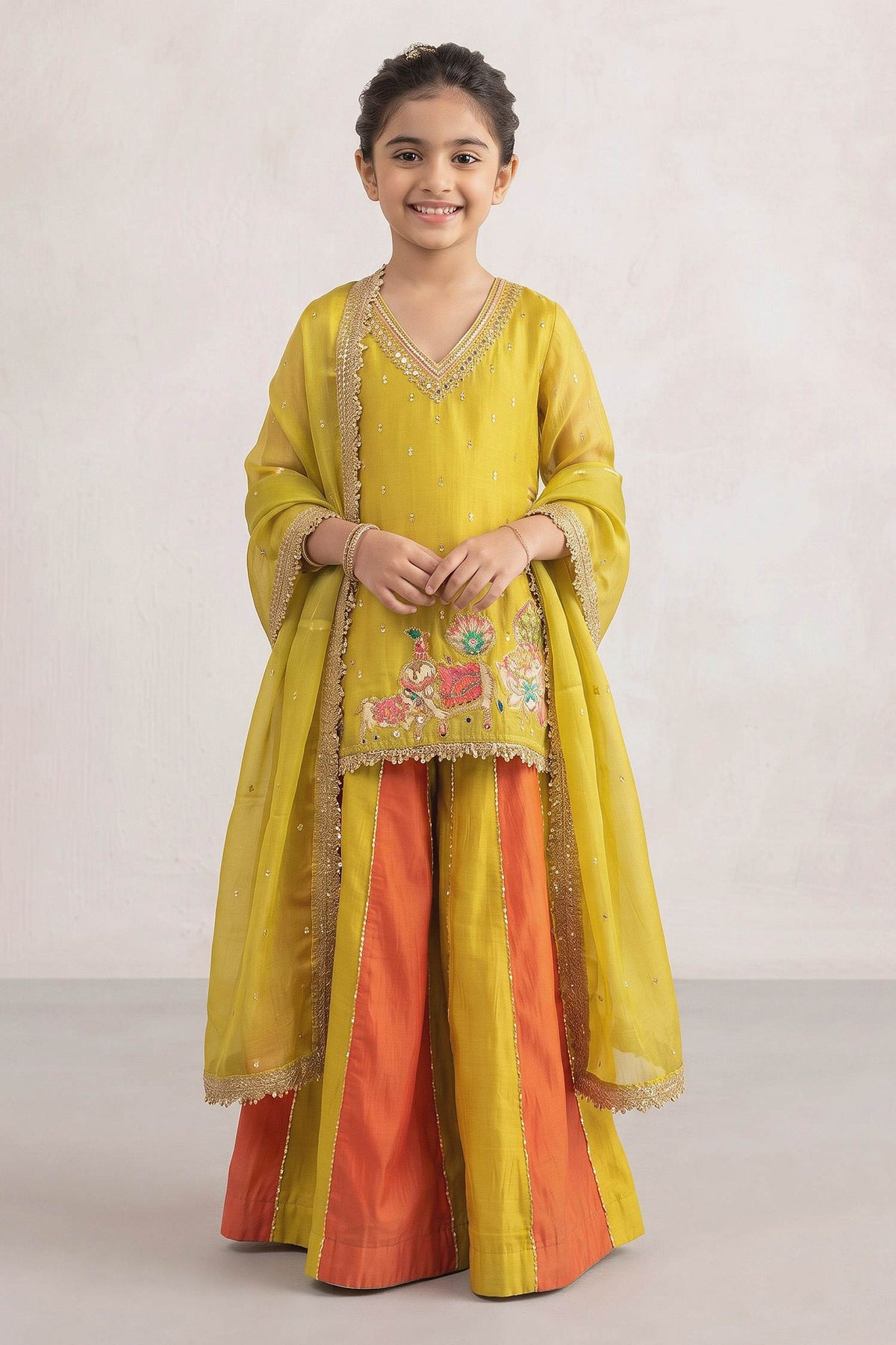 Hirika &amp; Dhruti Yellow Two Tone Patchwork Kurta Set For Kids
