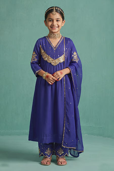 Blue Metal Tikki Work Kurta Set For Kids