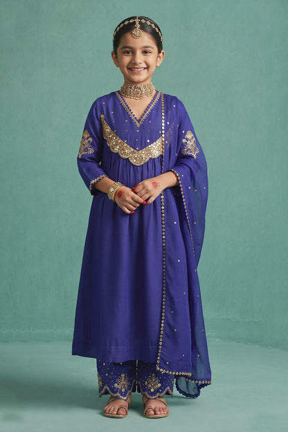 Buy Hirika &amp; Dhruti Blue Metal Tikki Work Kurta Set For Kids at Aza Fashions