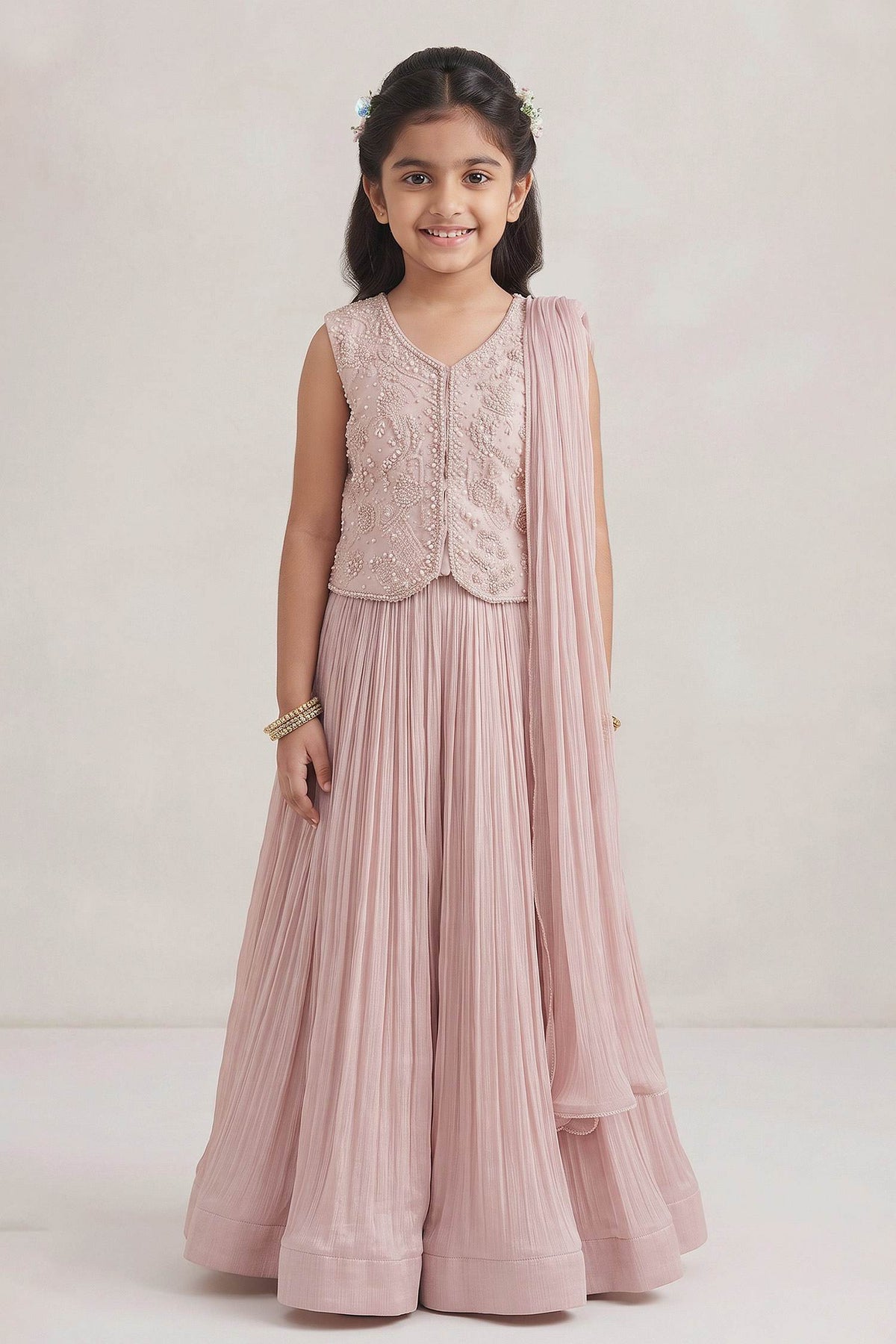 Hirika &amp; Dhruti Beige Moti Embroidered Purple Lehenga Set For Kids