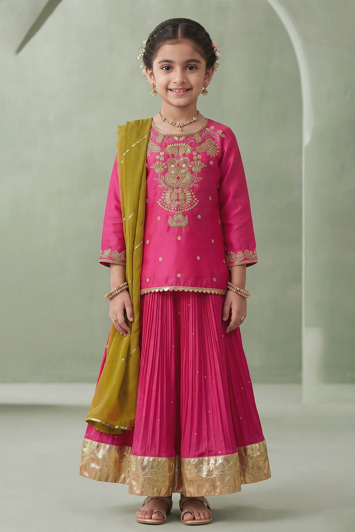 Buy Hirika &amp; Dhruti Rose Gold Hand Embroidered Kurta And Ghagra Set For Kids at Aza Fashions