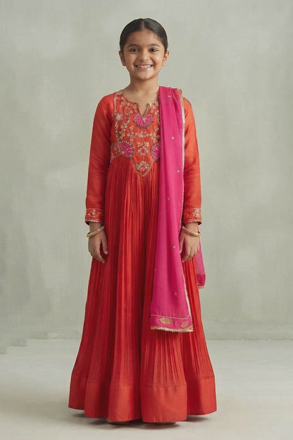 Buy Hirika &amp; Dhruti Orange Embroidered Patchwork Anarkali Set For Kids at Aza Fashions