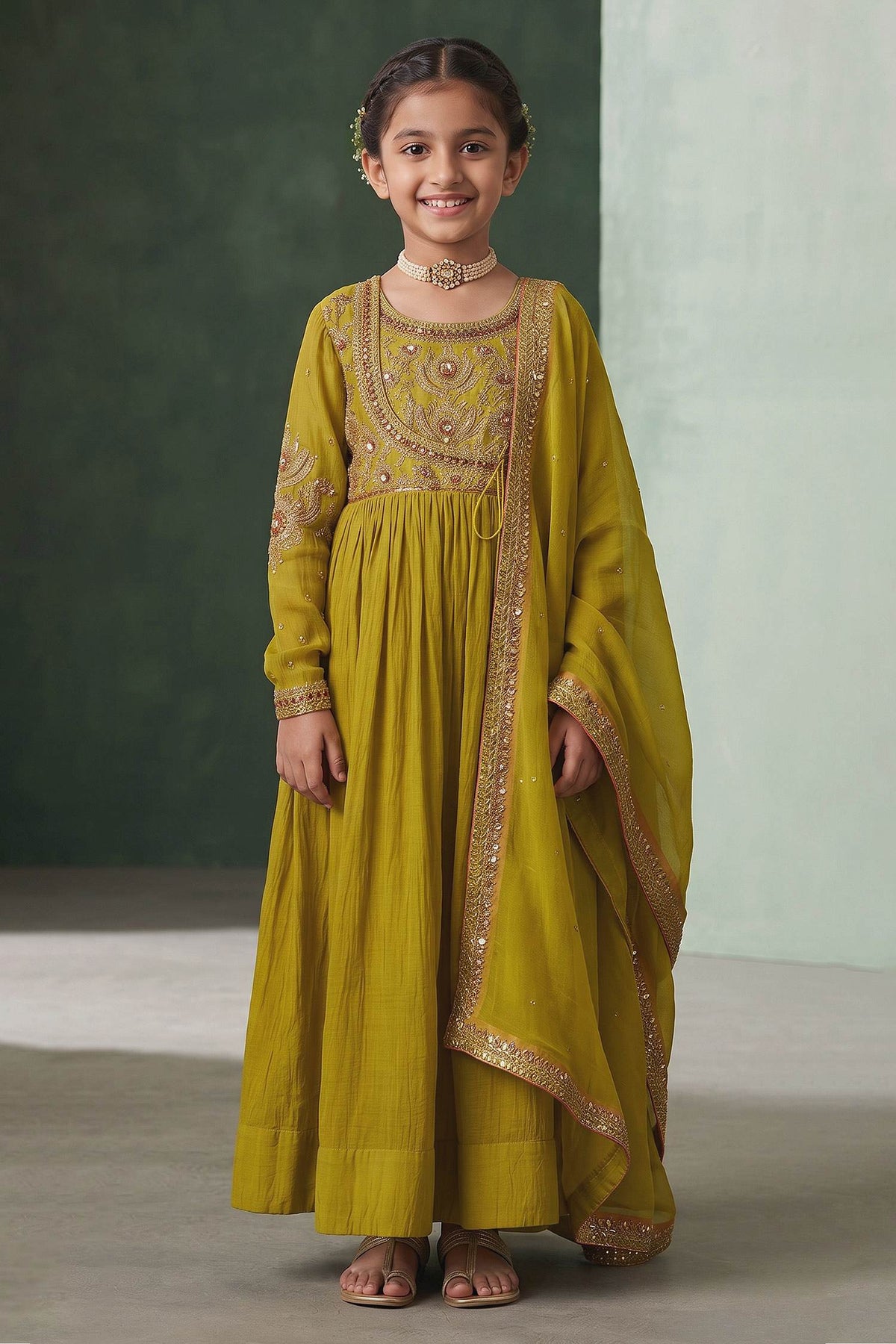 Buy Hirika &amp; Dhruti Green Embroidered Mehendi Anarkali Set For Kids at Aza Fashions