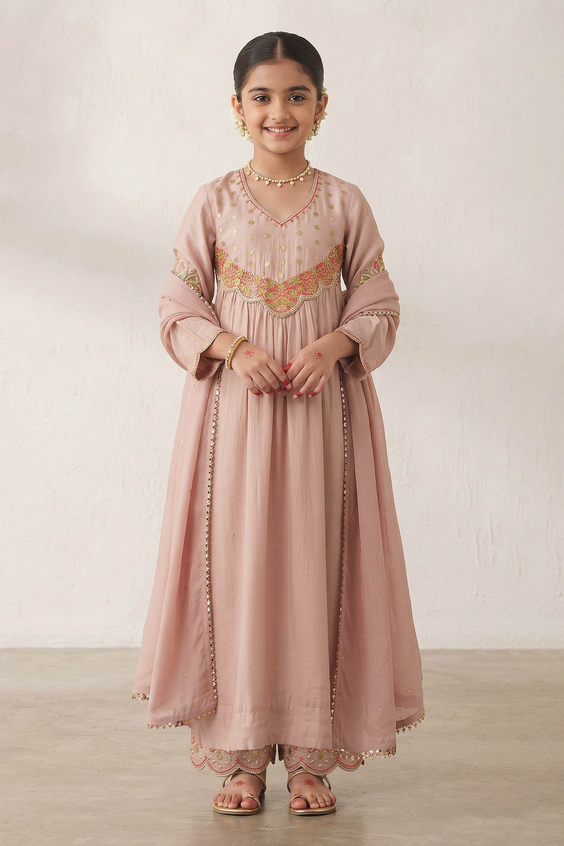 Buy Hirika &amp; Dhruti Beige Metal Tikki Work Kurta Set For Kids at Aza Fashions
