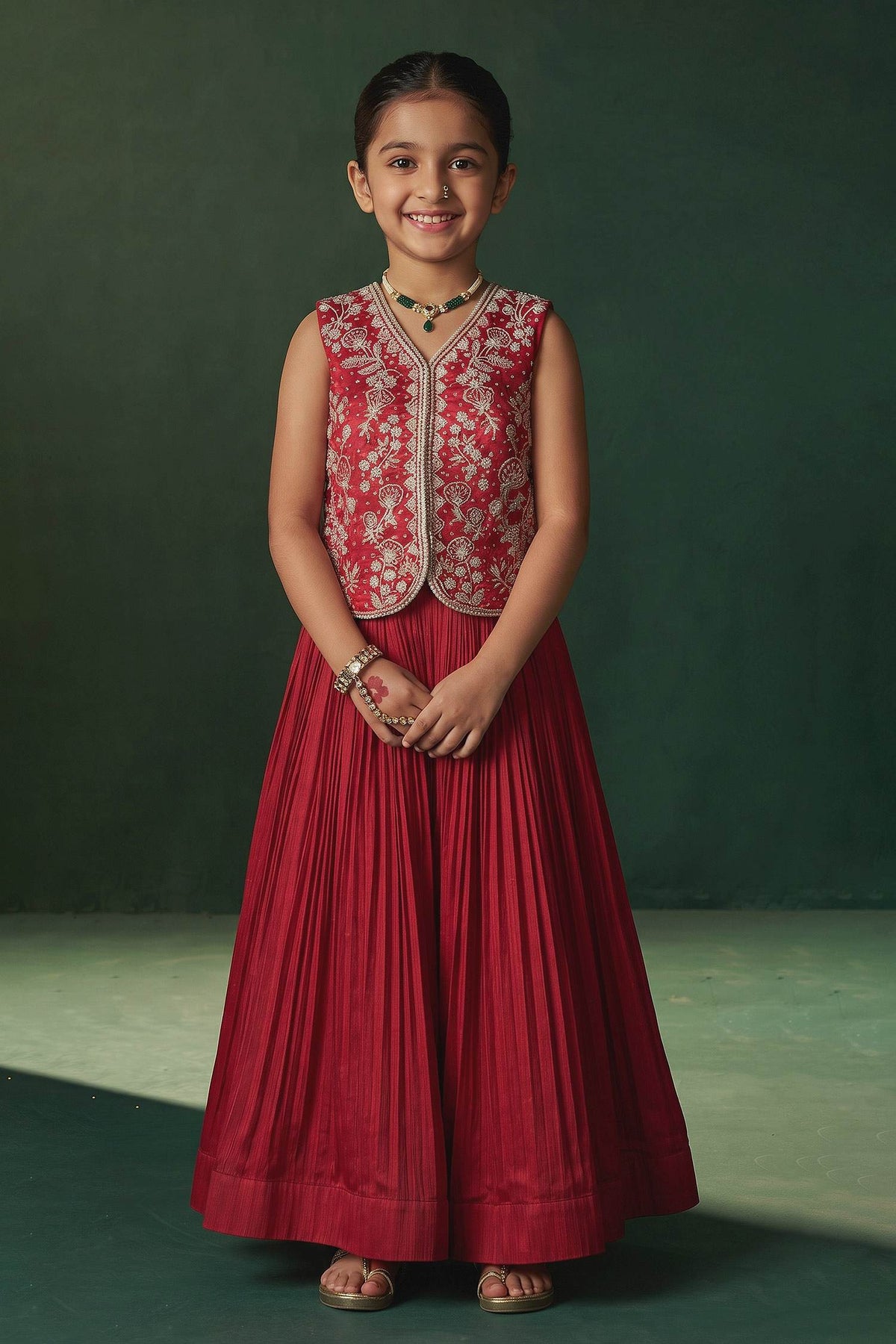 Buy Hirika &amp; Dhruti Red Moti Embroidered Fusion Lehenga Set For Kids at Aza Fashions