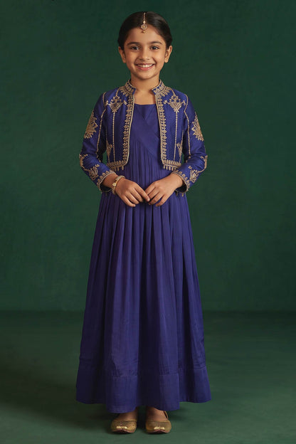 Buy Hirika &amp; Dhruti Blue Pleated Anarkali With Embroidered Jacket For Kids at Aza Fashions