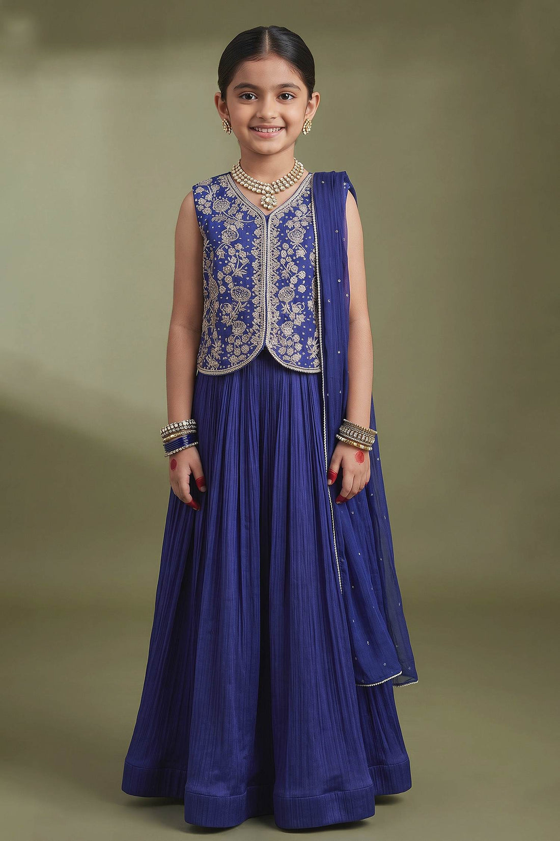 Hirika & Dhruti Blue Moti Embroidered Fusion Lehenga Set For Kids