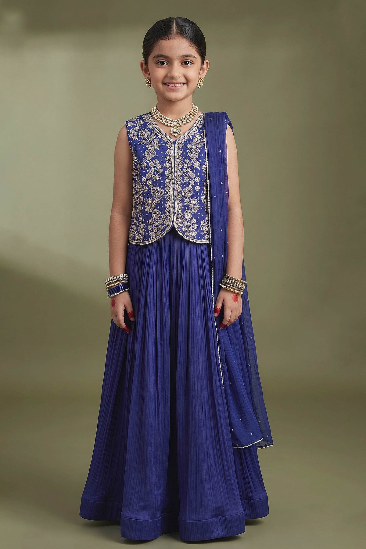 Hirika &amp; Dhruti Blue Moti Embroidered Fusion Lehenga Set For Kids