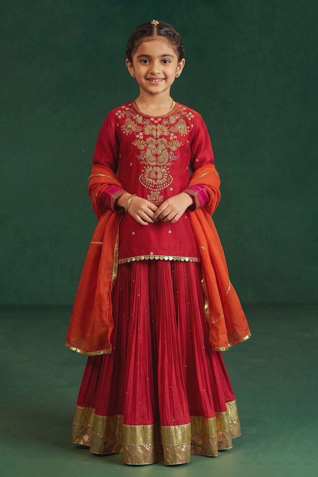 Buy Hirika &amp; Dhruti Red Hand Embroidered Kurta Lehenga Set For Kids at Aza Fashions