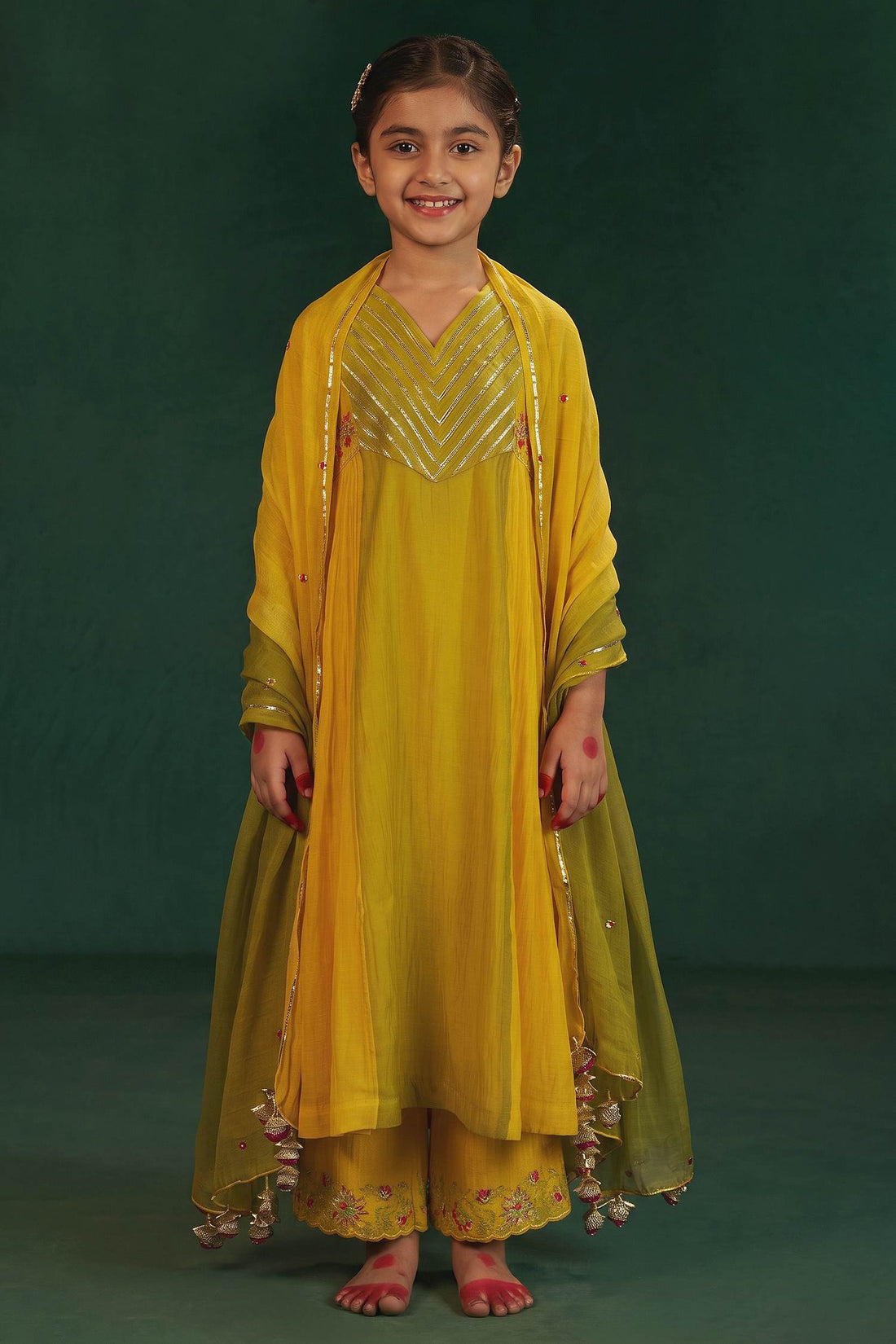 Hirika & Dhruti Yellow Two Tone Hand Embroidered Kurta Pant Set For Kids