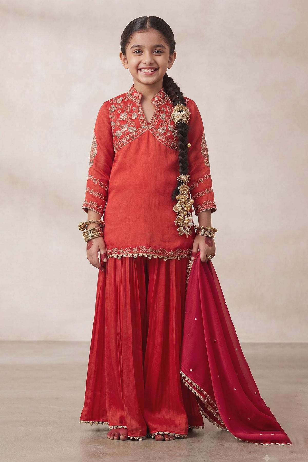 Hirika &amp; Dhruti Red Moti Embroidered Kurta Set With Sharara For Kids