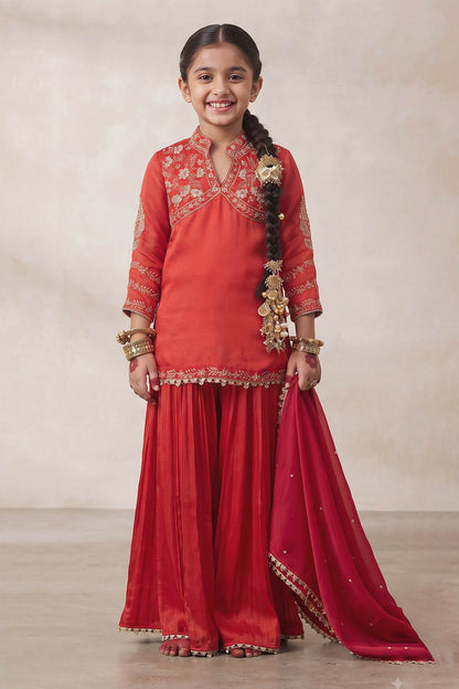 Hirika &amp; Dhruti Red Moti Embroidered Kurta Set With Sharara For Kids