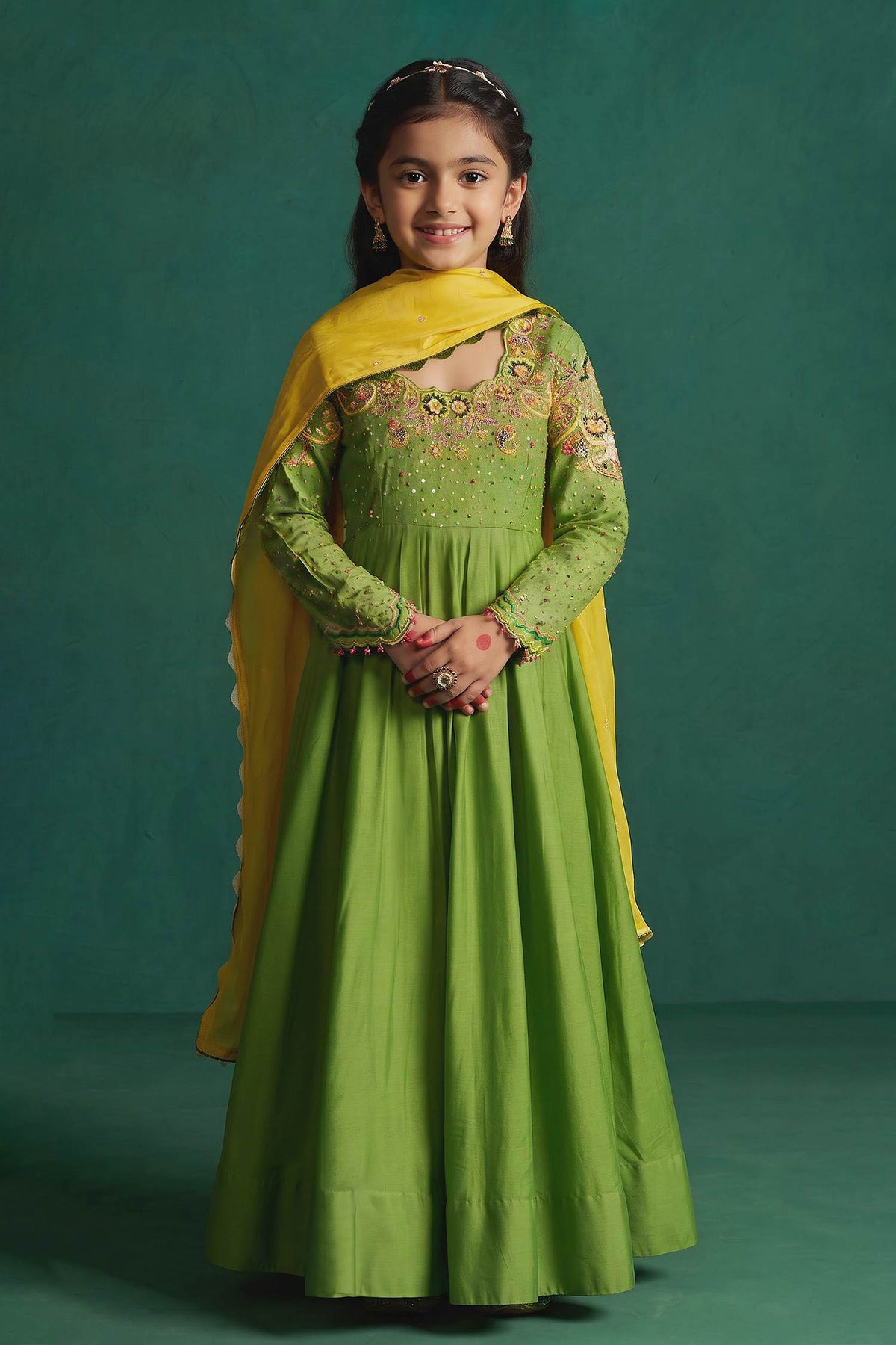 Hirika &amp; Dhruti Green Dark Hand Embroidered Anarkali Set For Kids