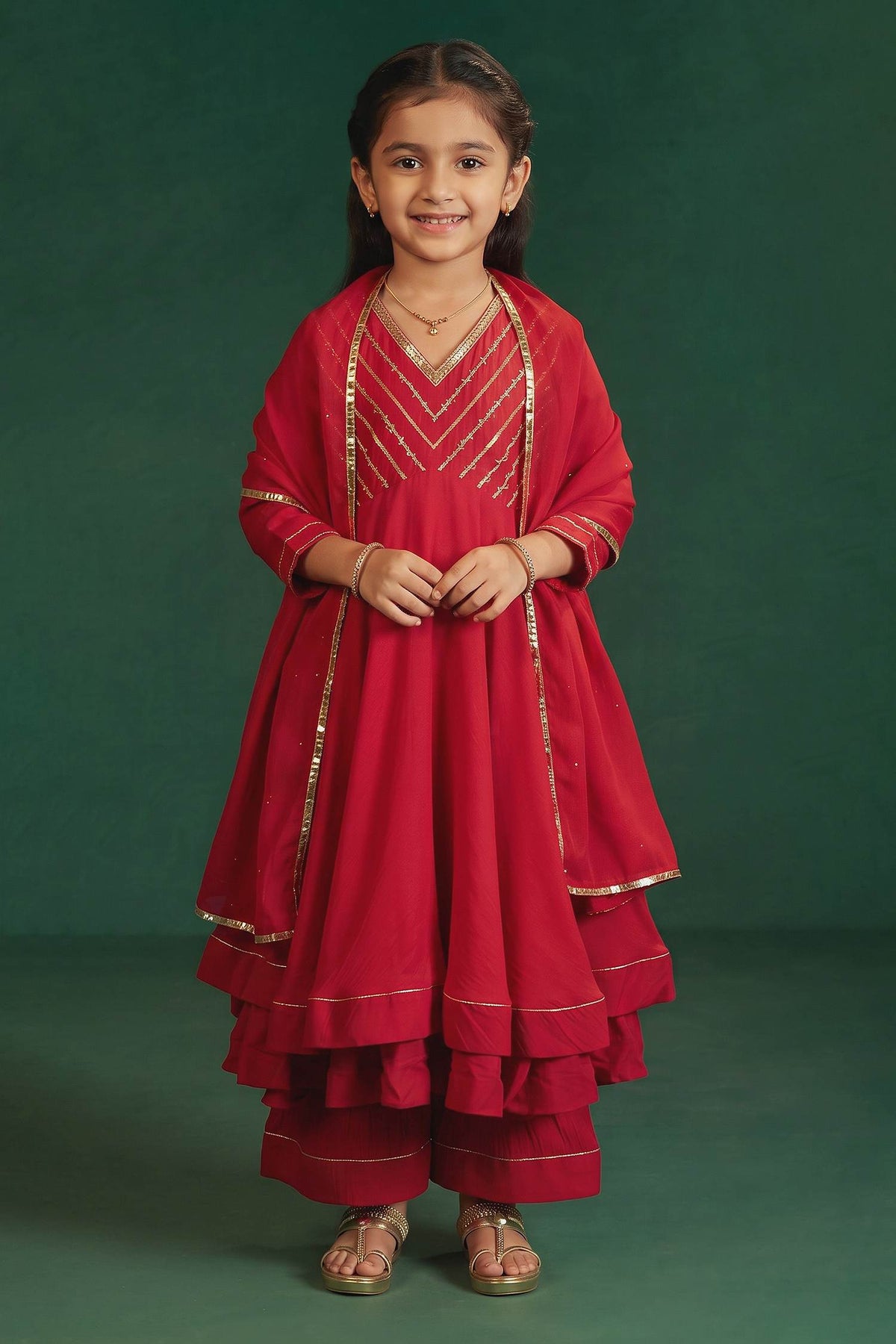 Buy Hirika &amp; Dhruti Red Double Layer Anarkali Set For Kids at Aza Fashions