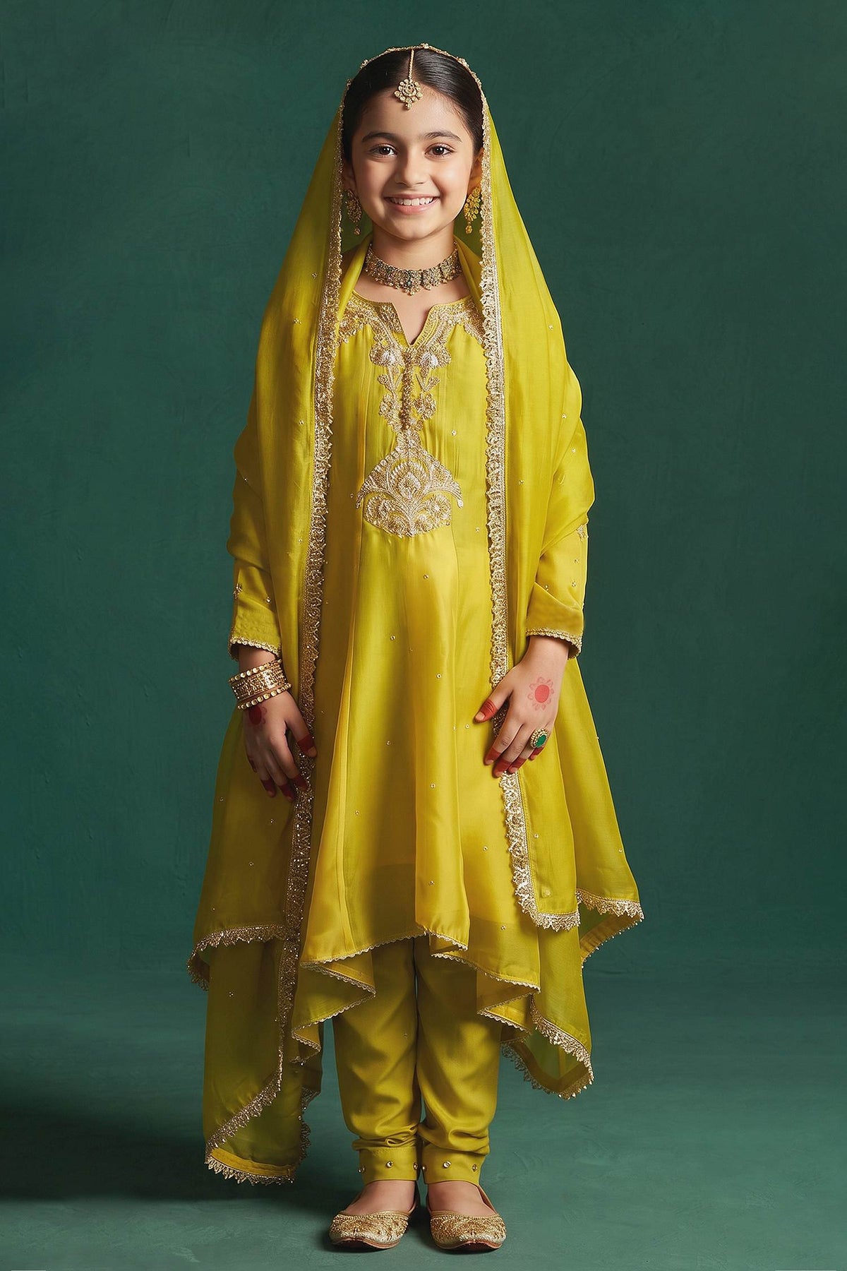 Hirika &amp; Dhruti Yellow Two Tone Kalli Anarkali Set For Kids