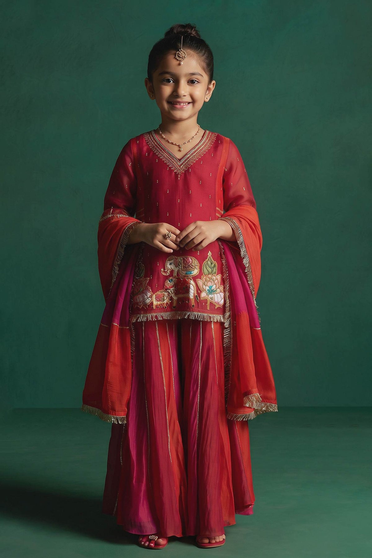 Hirika &amp; Dhruti Red Two Tone Pichwai Patchwork Kurta Sharara Set For Kids