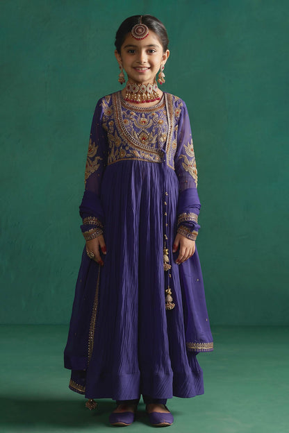 Buy Hirika &amp; Dhruti Purple Hand Embroidered Anarkali Set For Kids at Aza Fashions