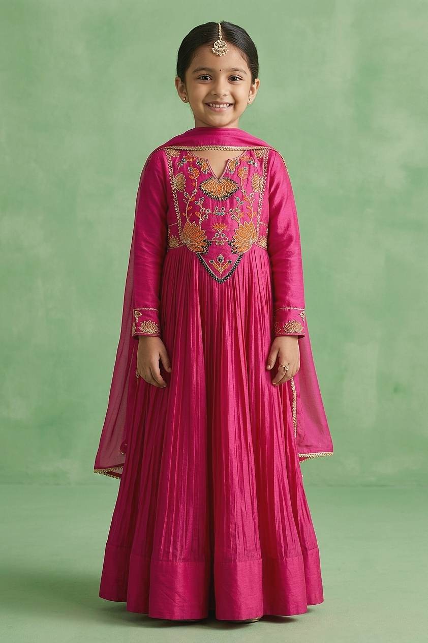 Hirika &amp; Dhruti Pink Patchwork Anarkali Set For Kids