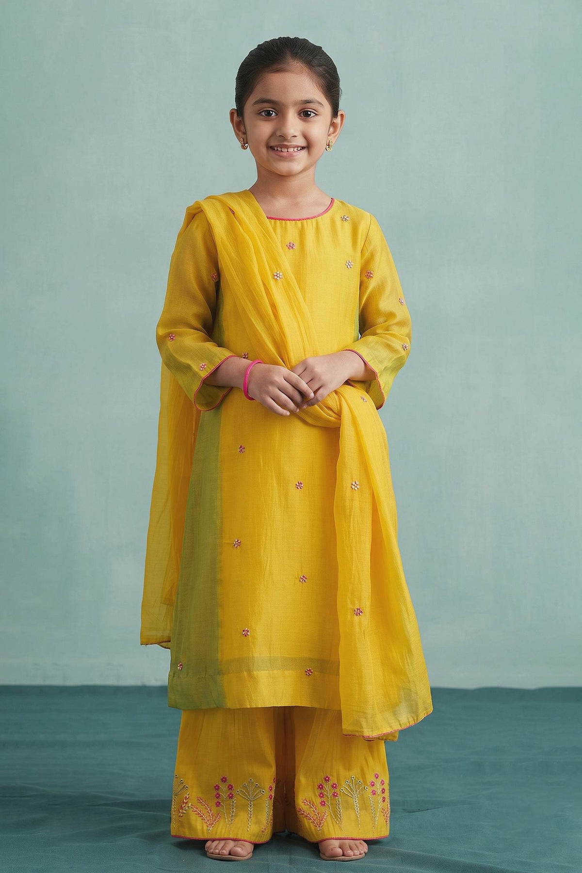 Buy Hirika &amp; Dhruti Yellow Thread Embroidered Kurta Set For Kids at Aza Fashions