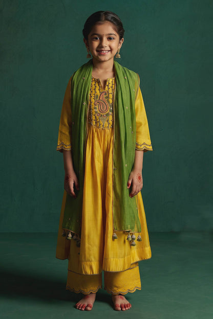 Buy Hirika &amp; Dhruti Yellow Hand Embroidered Dori Work Anarkali Set For Kids at Aza Fashions