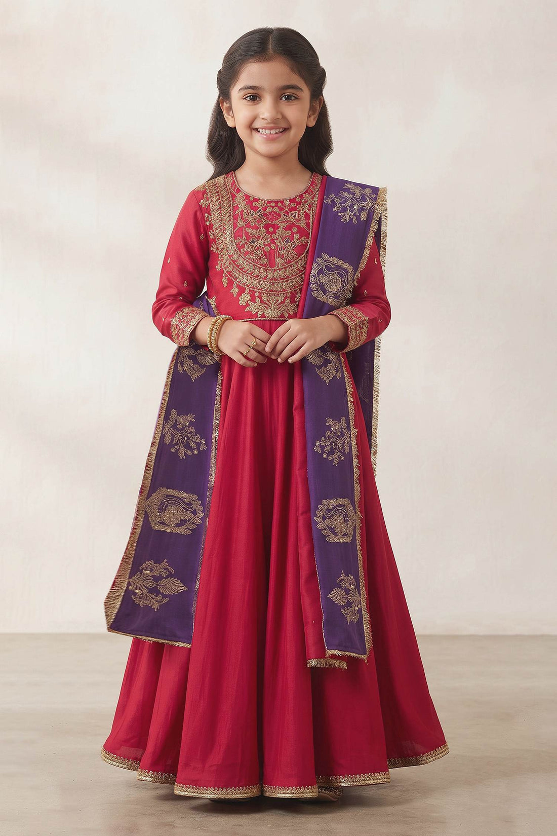 Buy Hirika & Dhruti Red Dori Tikki Work Anarkali And Embroidered Dupatta For Kids at Aza Fashions