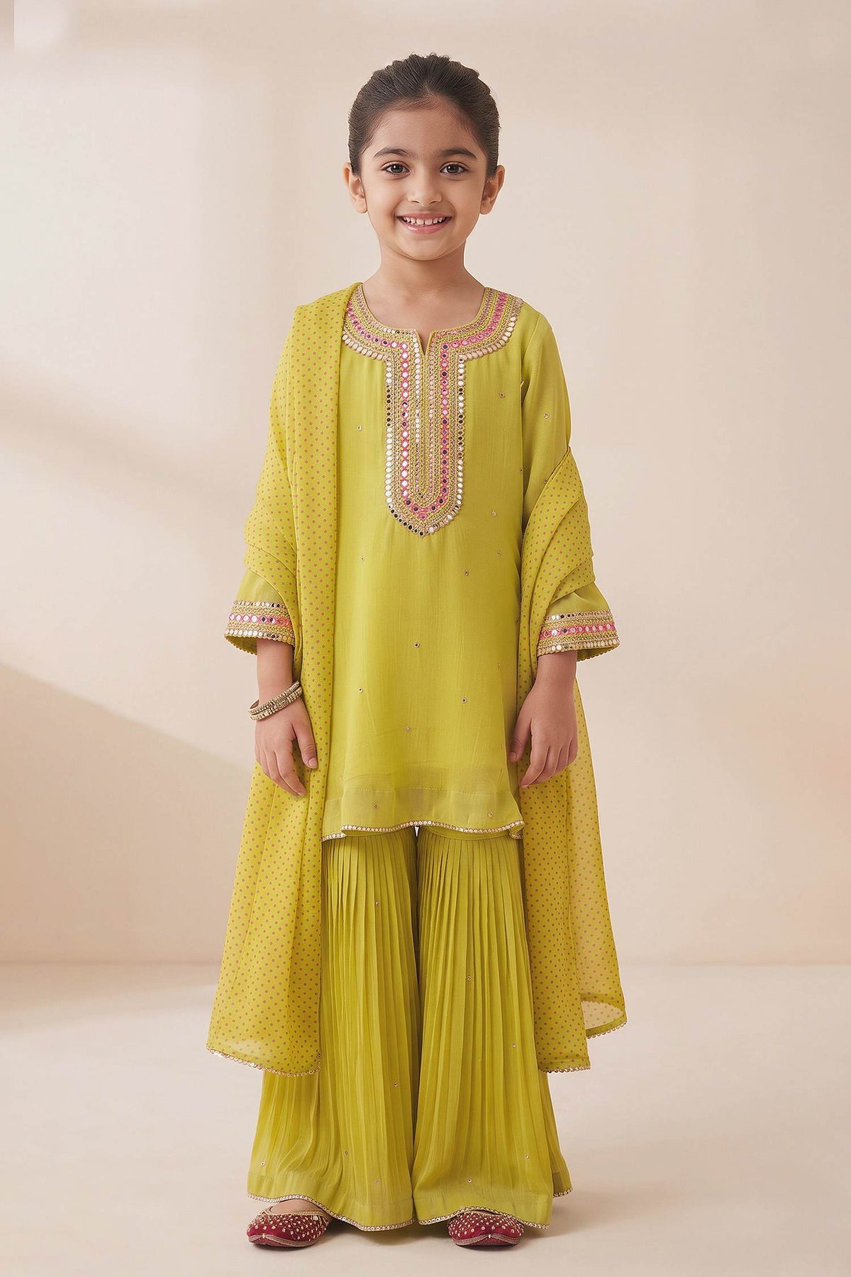 Buy Hirika &amp; Dhruti Yellow Tikki Work Anarkali Kurta And Sharara Set For Kids at Aza Fashions