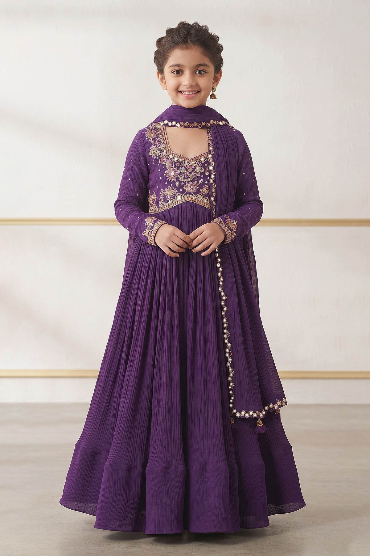 Buy Hirika &amp; Dhruti Purple Hand Pleated Anarkali And Mirror Dupatta For Kids at Aza Fashions