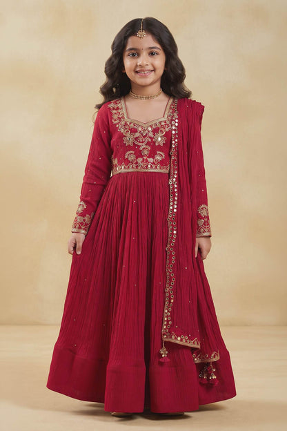 Hirika &amp; Dhruti Red Hand Work Pleated Anarkali And Mirror Dupatta For Kids