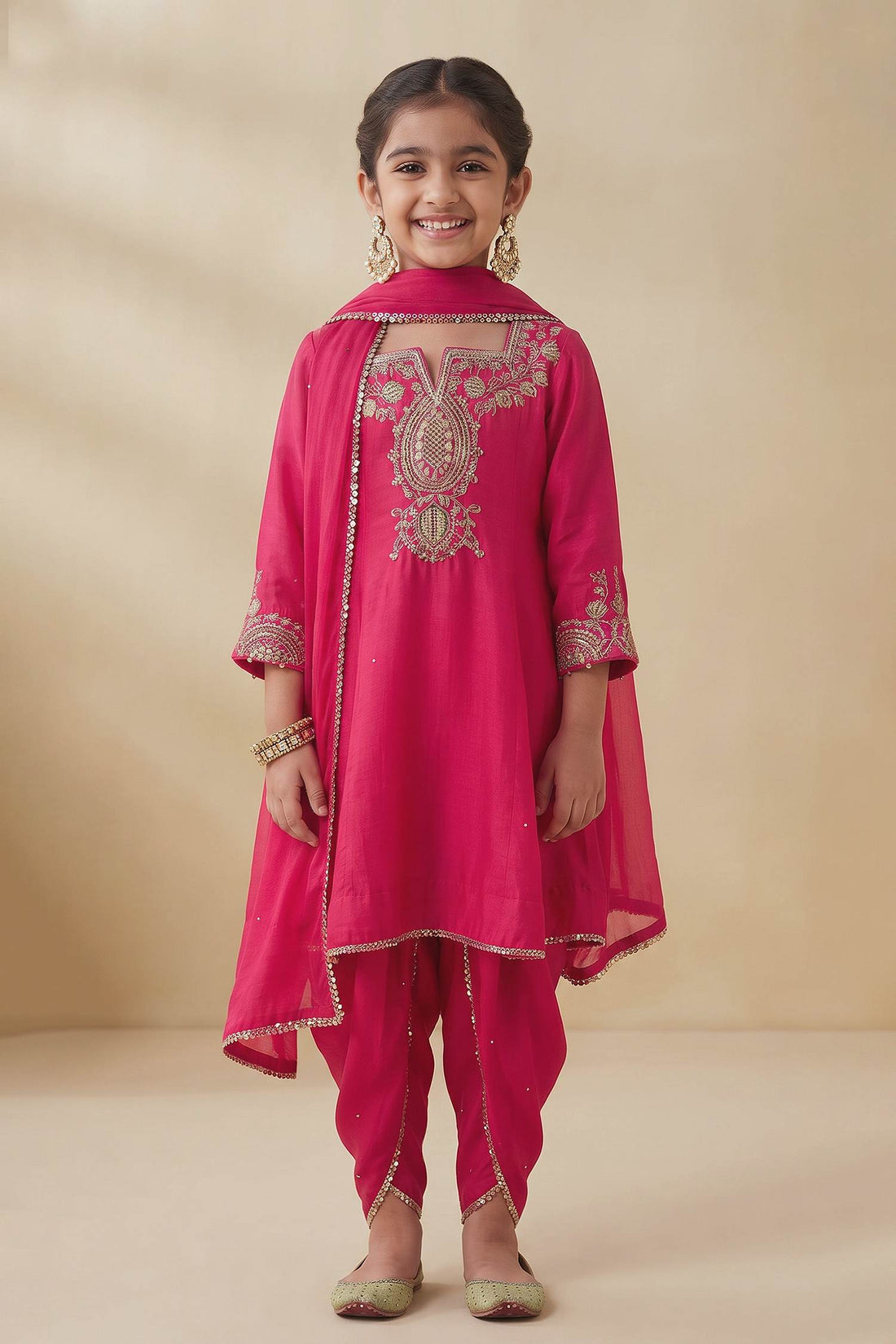 Buy Hirika &amp; Dhruti Pink Tikki Zardosi Kalli Kurta And Dhoti Set For Kids at Aza Fashions