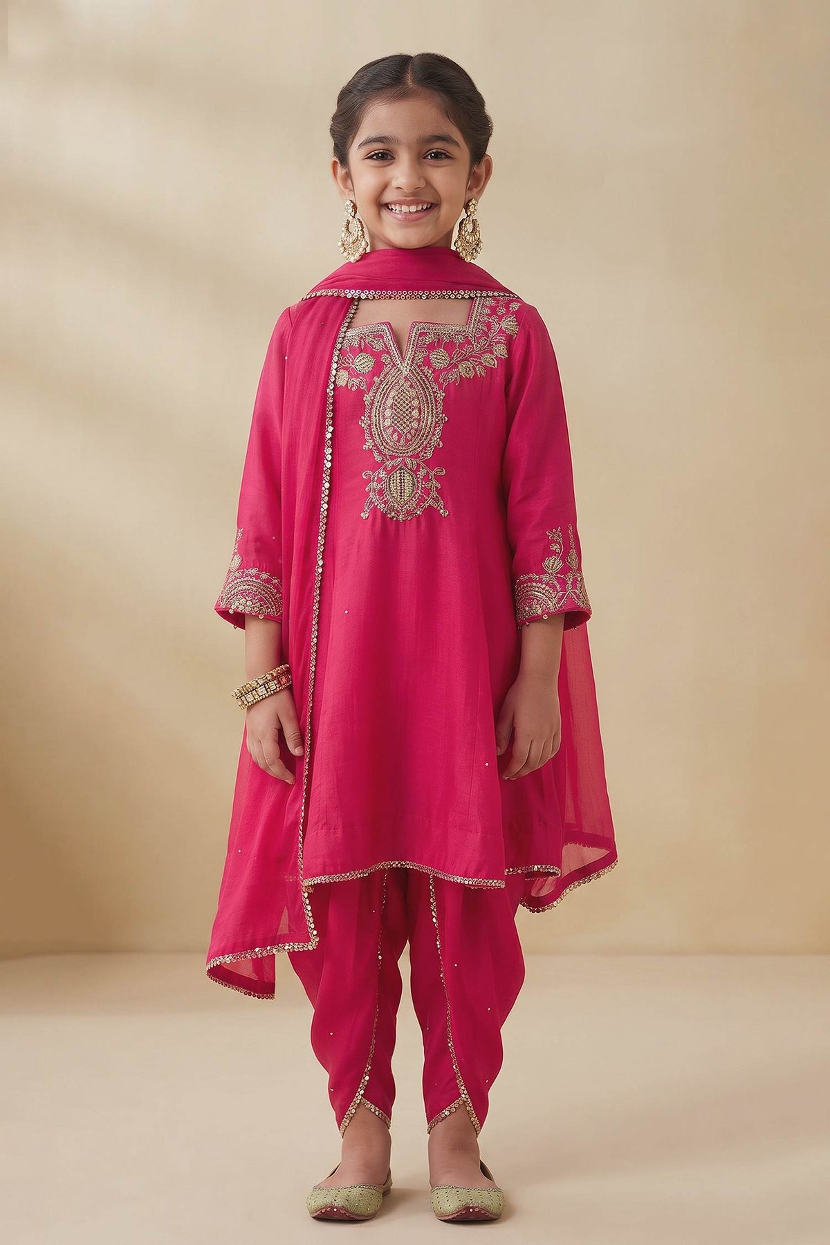 Buy Hirika &amp; Dhruti Pink Tikki Zardosi Kalli Kurta And Dhoti Set For Kids at Aza Fashions