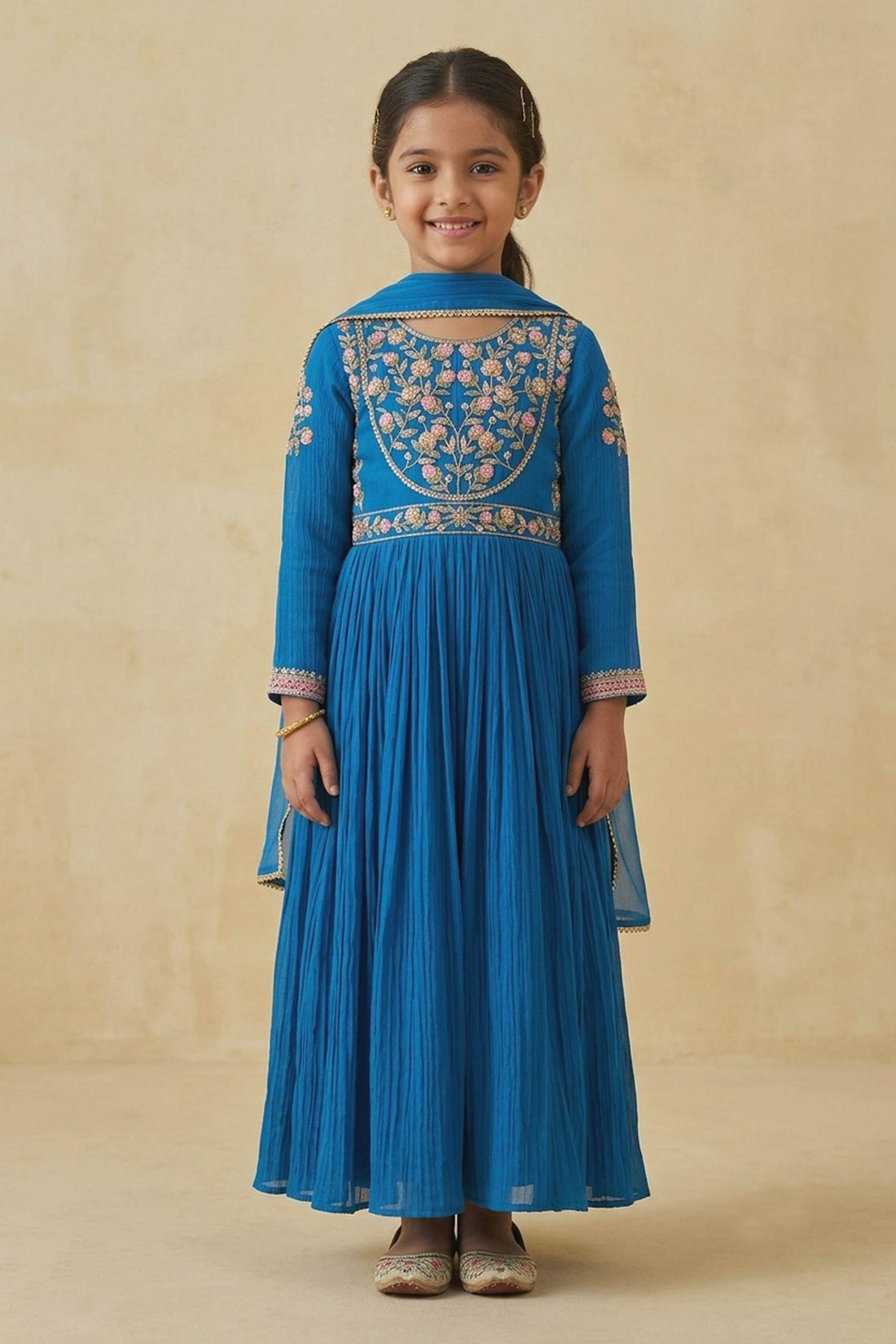 Hirika & Dhruti Blue Patchwork Pleated Anarkali And Embroidered Dupatta For Kids