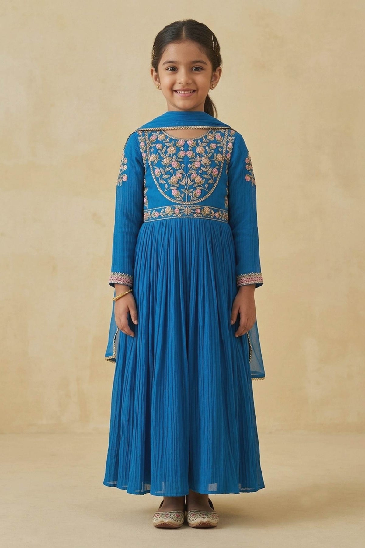 Hirika &amp; Dhruti Blue Patchwork Pleated Anarkali And Embroidered Dupatta For Kids
