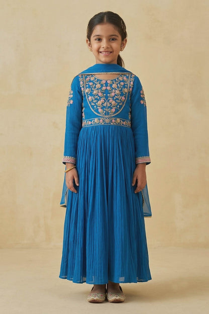 Hirika &amp; Dhruti Blue Patchwork Pleated Anarkali And Embroidered Dupatta For Kids