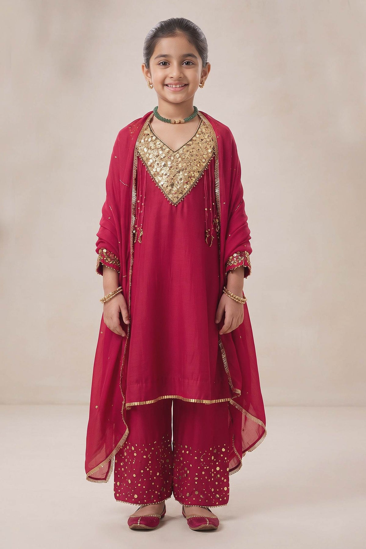 Buy Hirika &amp; Dhruti Red Hand Work Kurta Embroidered Pant And Dupatta For Kids at Aza Fashions