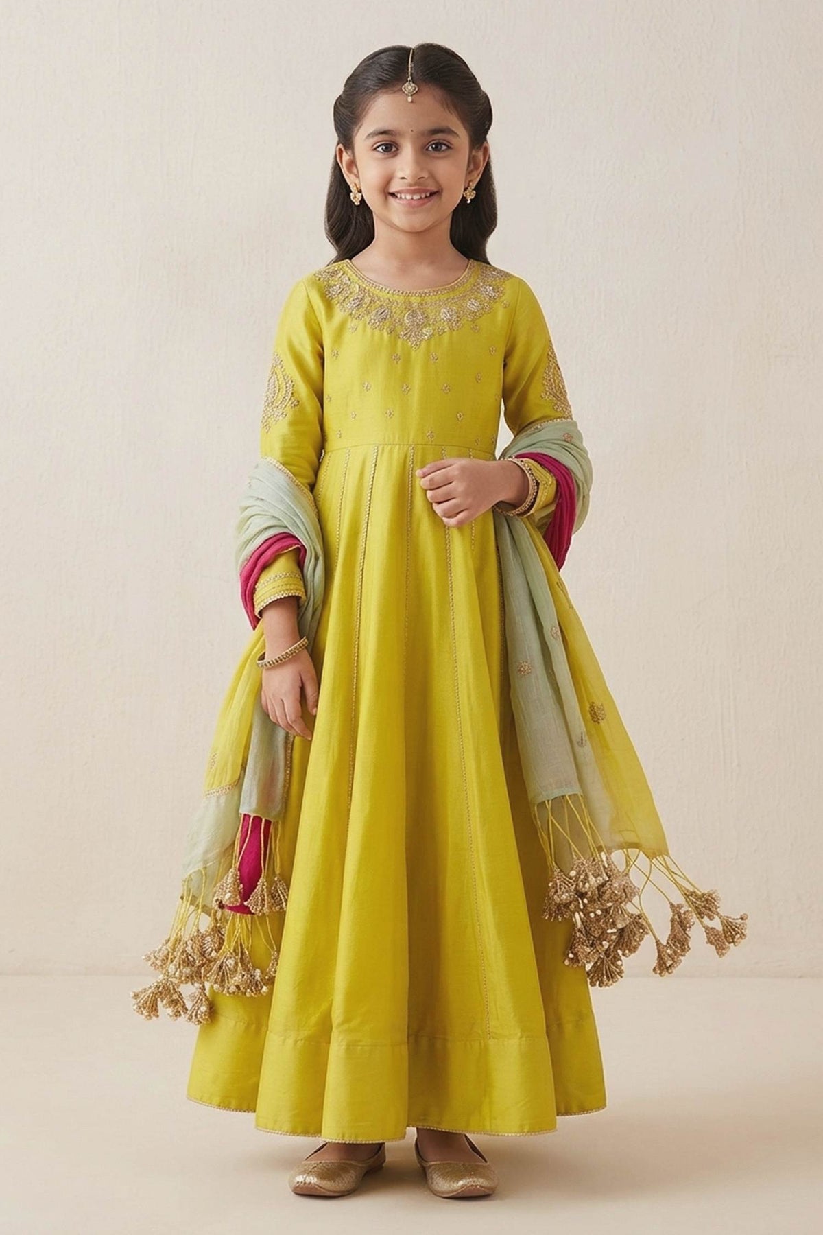 Buy Hirika &amp; Dhruti Lime Moti Work Anarkali And Colorful Dupatta For Kids at Aza Fashions