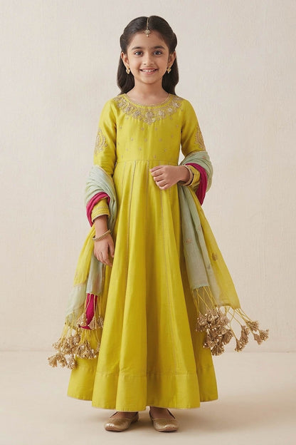 Buy Hirika &amp; Dhruti Lime Moti Work Anarkali And Colorful Dupatta For Kids at Aza Fashions