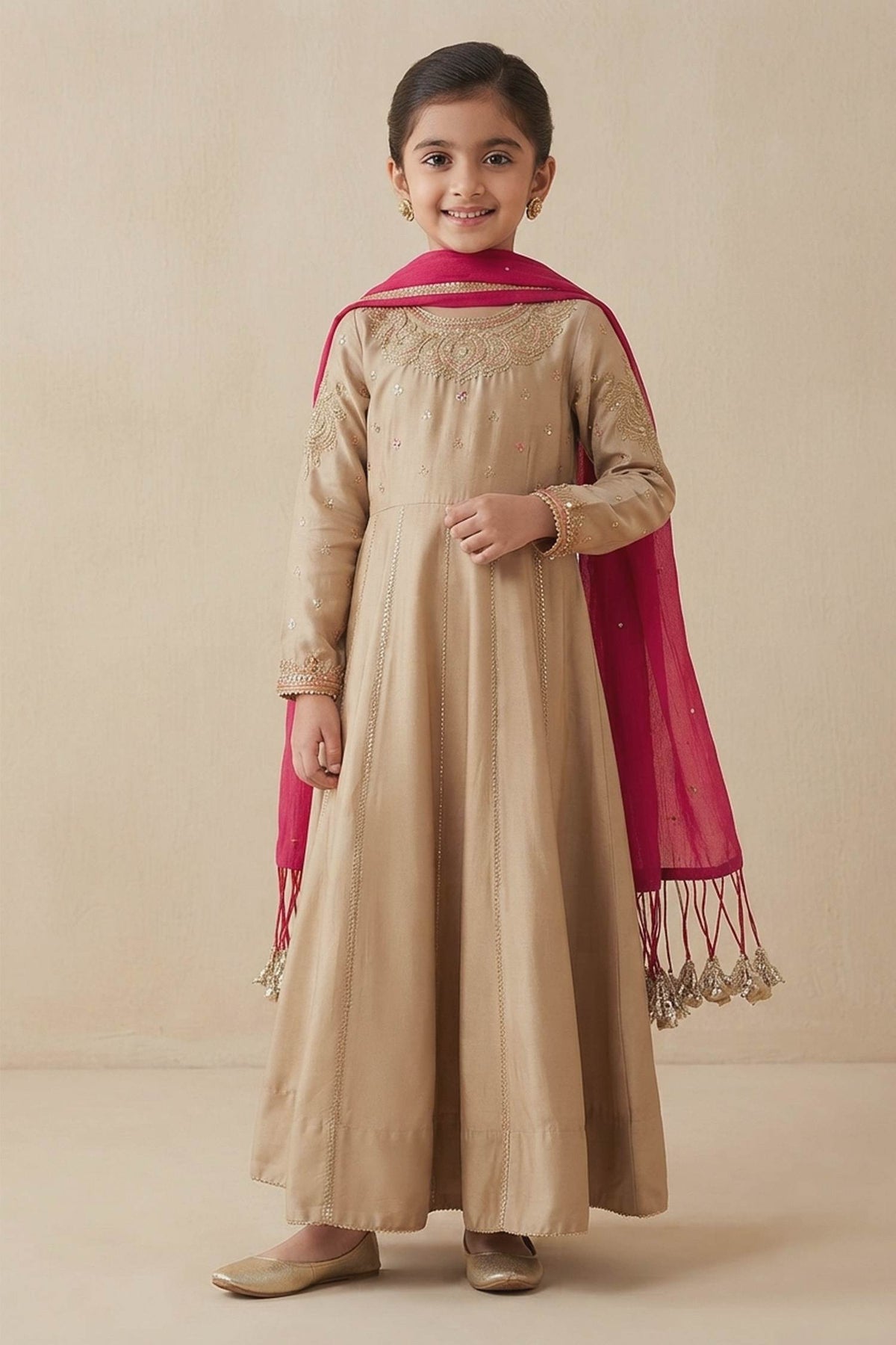 Buy Hirika &amp; Dhruti Brown Moti Work Anarkali And Colorful Dupatta For Kids at Aza Fashions
