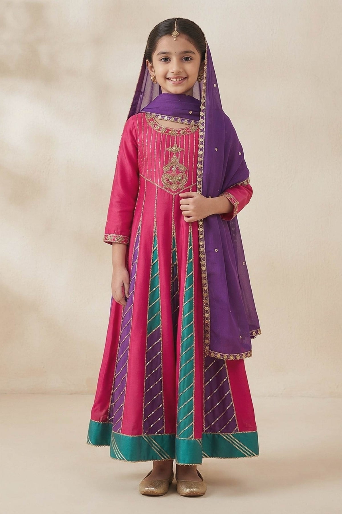 Buy Hirika &amp; Dhruti Pink Gota Anarkali And Dupatta Set For Kids at Aza Fashions