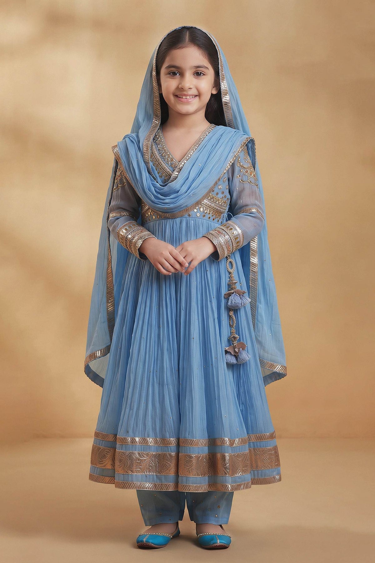 Buy Hirika &amp; Dhruti Sky Blue Metal Tikki Angarkha Pant And Dupatta Set For Kids at Aza Fashions
