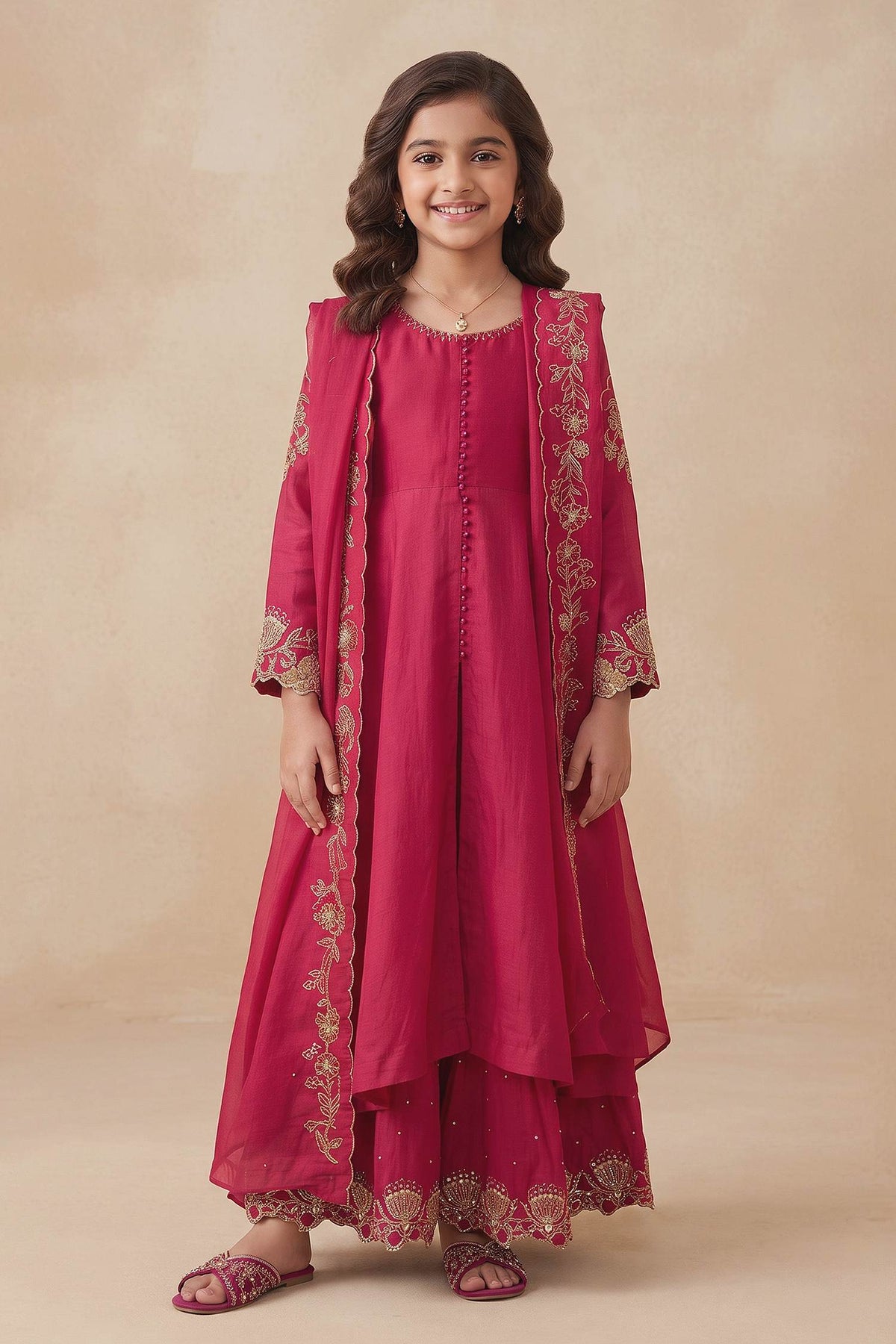 Hirika &amp; Dhruti Red Hand Embroidered Anarkali Sharara Set For Kids