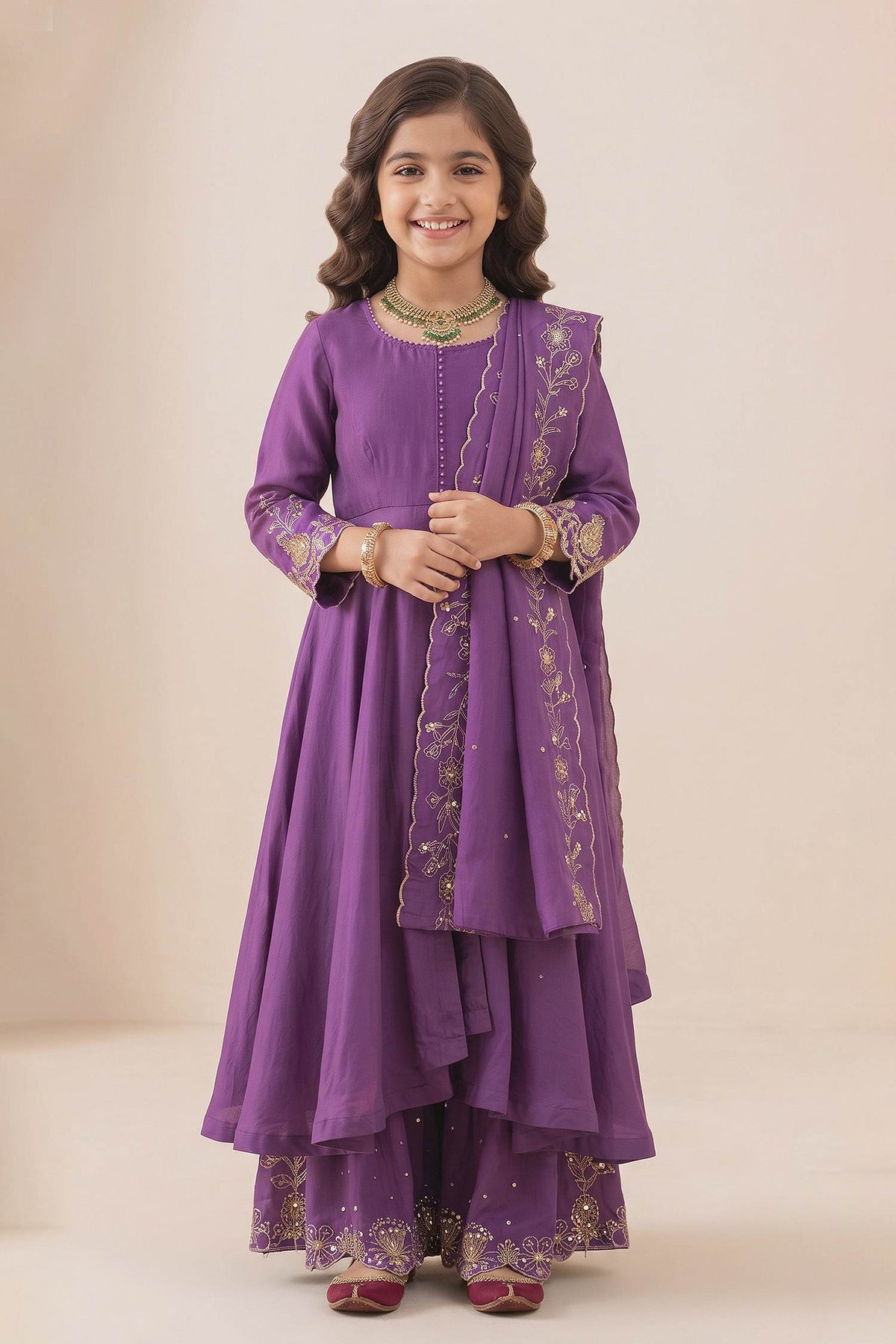 Buy Hirika &amp; Dhruti Purple Hand Embroidered Anarkali Sharara Set With Dupatta For Kids at Aza Fashions