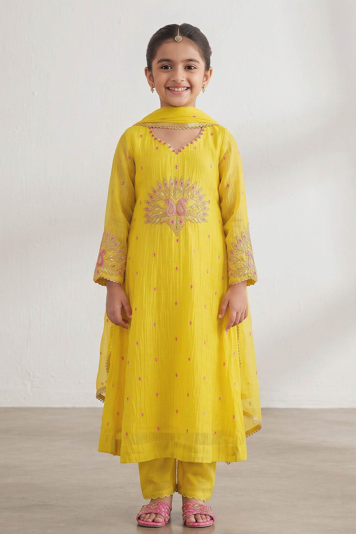 Buy Hirika &amp; Dhruti Yellow Marodi Work Chanderi Kurta Set For Kids at Aza Fashions