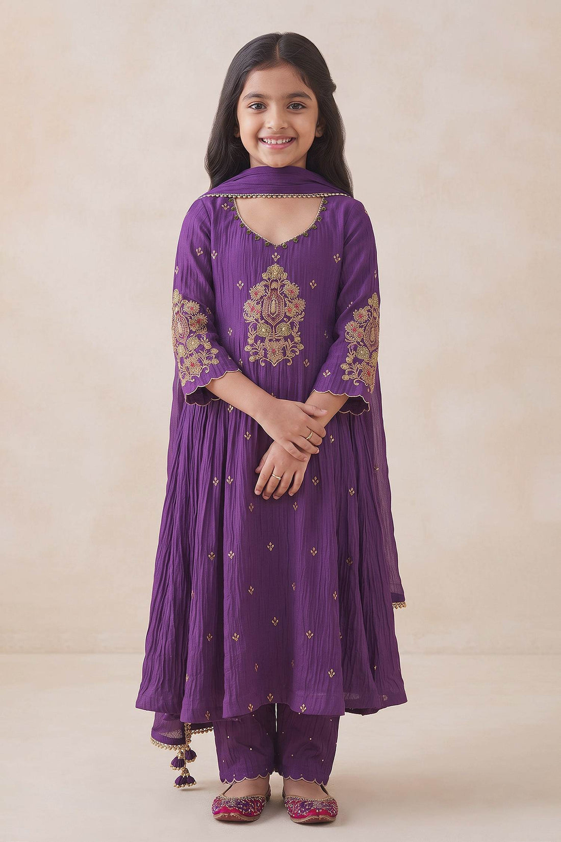 Hirika & Dhruti Purple Marodi Work Chanderi Kurta Pant And Dupatta Set For Kids