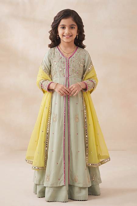 Buy Hirika &amp; Dhruti Mint Zardozi Hand Embroidered Jacket Lehenga Set For Kids at Aza Fashions
