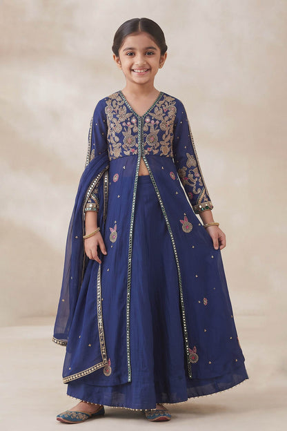 Buy Hirika &amp; Dhruti Blue Zardozi Hand Work Jacket Lehenga Set For Kids at Aza Fashions